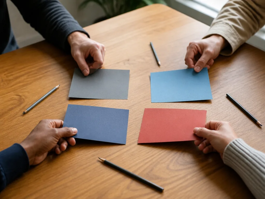 Photorealistic editorial photograph of four hands each placing a blank colored card on a wooden table, graphite pencils