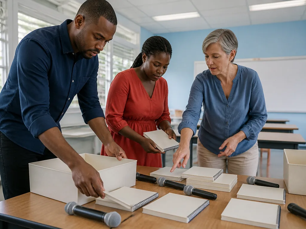 Photorealistic editorial photograph of a small group of adults arranging blank notebooks and plain microphones on a work